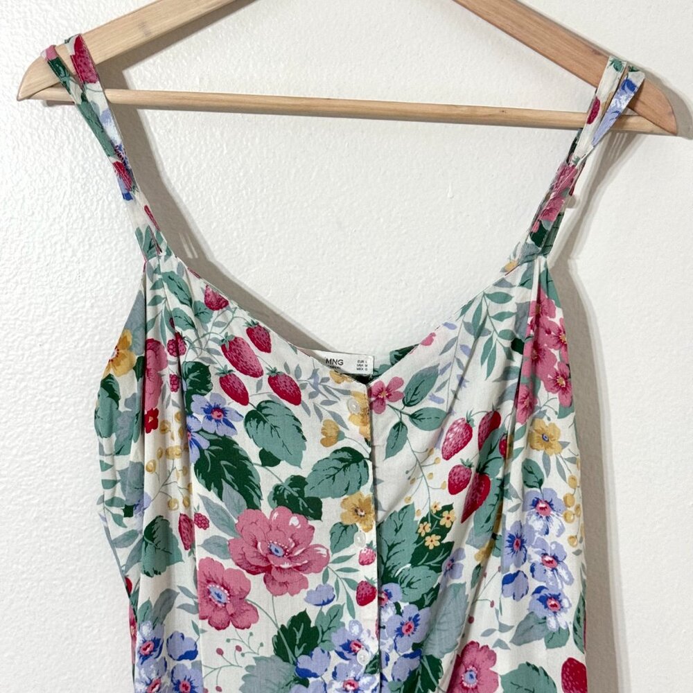 Mango MNG Strawberry Floral Jumpsuit Sleeveless Cottagecore Farm Country Fruit - Picture 3 of 16